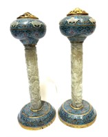 Pr Chinese Cloisonne & Jade Tall Censers