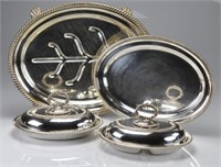 Two silver plate entree dishes & two serving trays