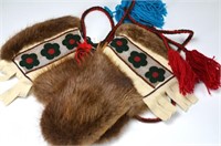 Pair of beaded & fur lined beaver mittens