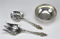 Mexican silver bowl and two serving pieces