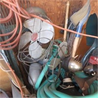 Several Old Electric  Fans, Yard Tools, Hose