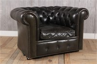 English Tufted Black Leather Club Chair