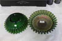 Pair Green Carnival Glass Bowls