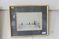 Sailing boats off Manx Coast, engraving, pen & ink