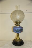 Oil lamp, ceramic base & hand painted resevoir.
