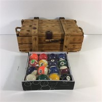 Primitive Wooden Box and New Set of Pool Balls