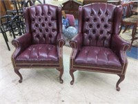 PAIR OF LEATHER NAIL TRIMMED WINGBACK CHAIRS
