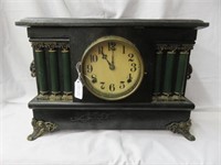 ANTIQUE FOOTED MANTLE CLOCK WITH KEY 11"T X 15.5