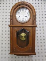 ANTIQUE FRENCH CARVED OAK WALL CLOCK WITH KEY