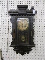 ANTIQUE CARVED KITCHEN CLOCK WITH KEY AND PENDULUM