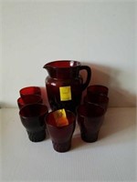 Ruby Red glass pitcher and 7 glasses