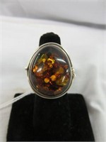 STERLING AMBER STONE RING SZ 6.5