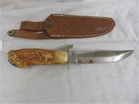 ORNATE STAG STYLE HANDLED KNIFE WITH LEATHER