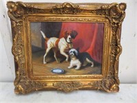 ORNATE FRAMED OIL ON CANVAS "DOGS" 18.5"T X22.5"W
