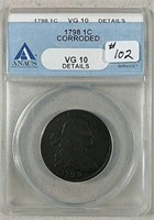 1798 Draped Bust Large Cent  ANACS VG-10 Details