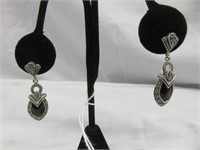 STERLING MARCASITE AND ONYX EARRINGS 1.5"