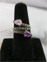 STERLING MARCASITE PINK AND AMETHYST RING SZ 7.5