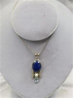 STERLING AQUA, PEARL AND BLUE STONE NECKLACE 10"
