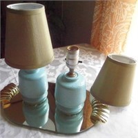 2 Blue Painted Glass Boudoir Lamps - Works