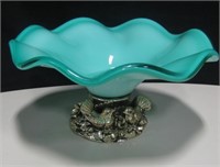 Vtg Blue Glass Bowl w/ Metal Base - Bird Decorated