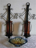 2 Mid-Century Tapered Candle Holders & Glass Dish