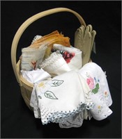 Basket With Cross Stitch & Embroidered Linens