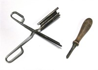 Vintage Curling Iron & Wood Handled Tool
