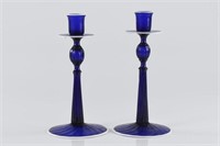 Pair of cobalt blue Murano glass candlesticks