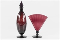 Amethyst Steuben fan vase with a decanter