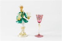 Murano glass figural candelabra & stemmed cordial