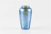 Quezal blue iridescent art glass bud vase