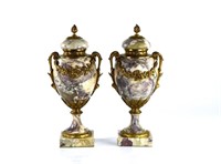 Pair of marble & bronze covered urns