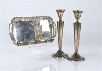 Pair of silver candlesticks and Birks tray