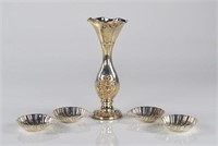 Israeli silver vase with four Birks nut dishes