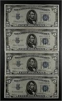 4  1934-A $5 Silver Certificates  F - VF