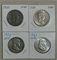 1950, 54, 56 & 61  Franklin Half Dollars    EF