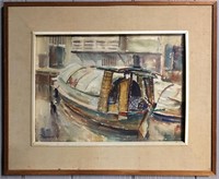 Artist Signed Watercolor Of Boat Dock