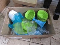 Box of patio glasses, plates and more