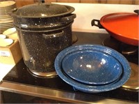 Enamelware pot, bowls, and strainer