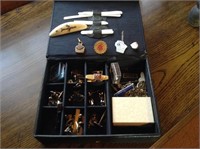 Box of cuff links, pins, tie backs and scrimshaw