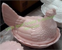 Pink Milk Glass Nesting Rooster