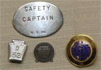 Safety Captain B. S. Co., a Keystone D/52 pin, a