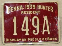 Pennsylvania 1939 metal hunting license, resident