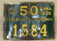 Pennsylvania 1936 metal hunting license, county 15