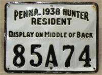 Pennsylvania 1938 metal hunting license, resident