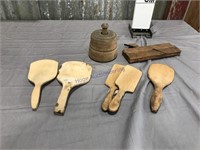 Old wood items--butter paddles(5) and press, plane