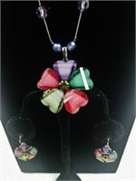 Purple, blue, burgundy flower necklace & earrings