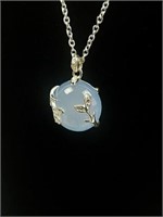 RT silver necklace, resin blue leaf motif &