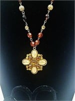 Gold, amber, rhinestone necklace & earrings