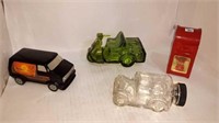 3 Avon decanters and glass car decanter
